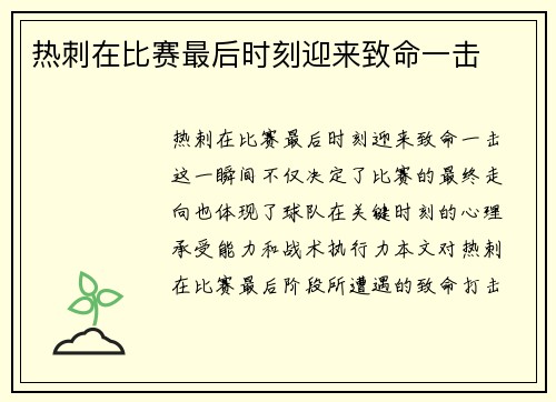 热刺在比赛最后时刻迎来致命一击